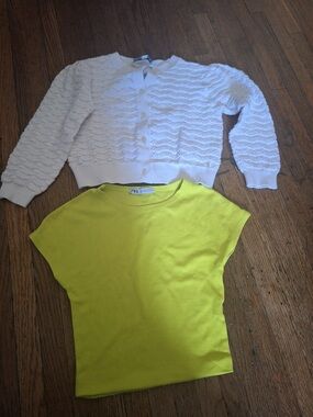 Zara Lime Yellow Crewneck Tee with White Knit Cardigan